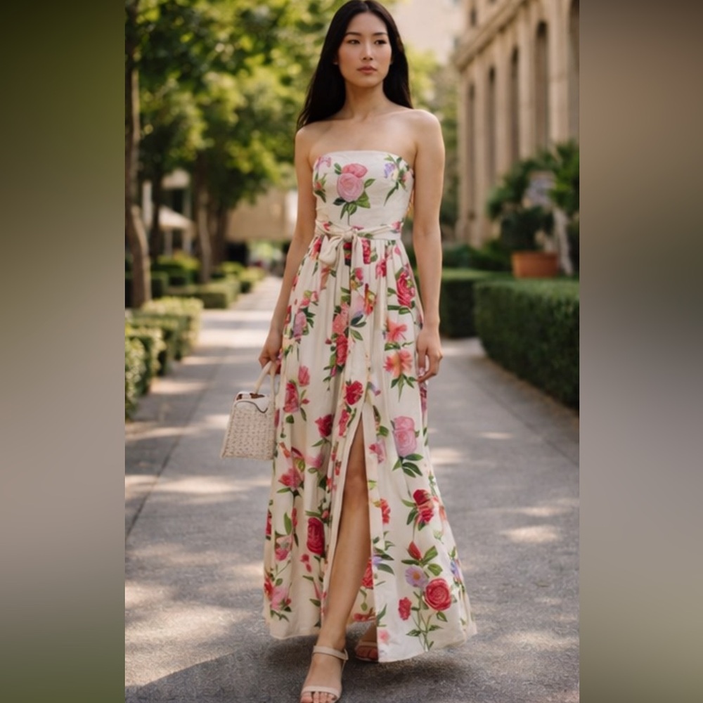 NWT Cara Cara Greenfield Strapless Slit Front Maxi Dress in Camellia Floral Sz S